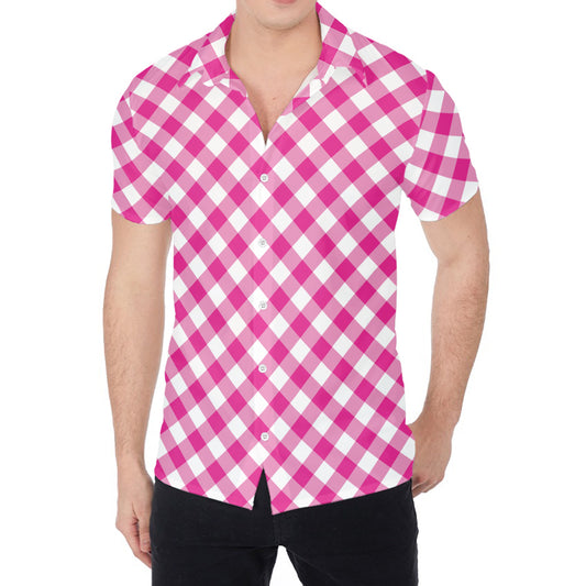 Magenta Pink And White Gingham Print Men's Shirt