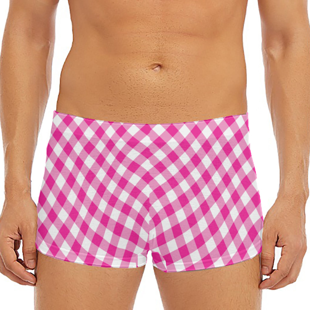 Magenta Pink And White Gingham Print Men's Short Boxer Briefs