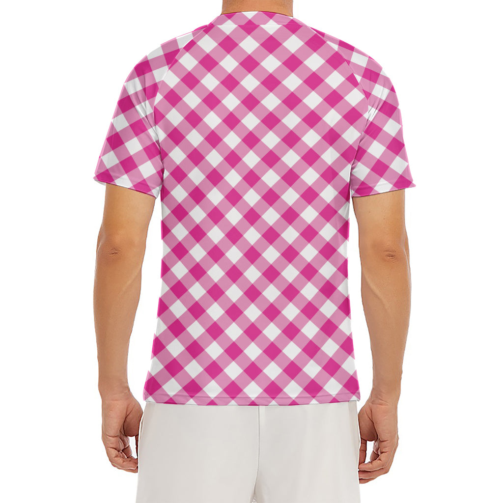 Magenta Pink And White Gingham Print Men's Short Sleeve Rash Guard