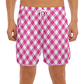 Magenta Pink And White Gingham Print Men's Split Running Shorts
