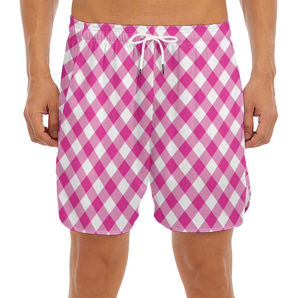 Magenta Pink And White Gingham Print Men's Split Running Shorts