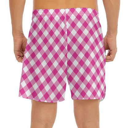 Magenta Pink And White Gingham Print Men's Split Running Shorts