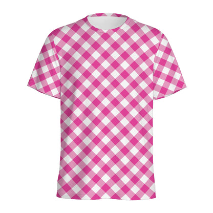 Magenta Pink And White Gingham Print Men's Sports T-Shirt