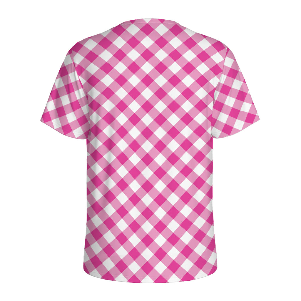 Magenta Pink And White Gingham Print Men's Sports T-Shirt
