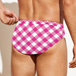 Magenta Pink And White Gingham Print Men's Swim Briefs
