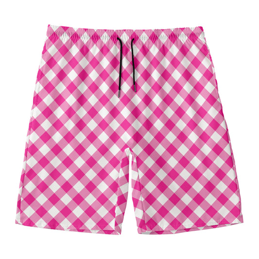 Magenta Pink And White Gingham Print Men's Swim Trunks