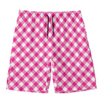 Magenta Pink And White Gingham Print Men's Swim Trunks