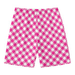 Magenta Pink And White Gingham Print Men's Swim Trunks