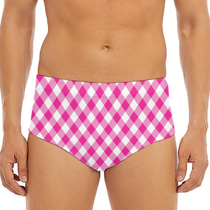 Magenta Pink And White Gingham Print Men's Triangle Swim Briefs
