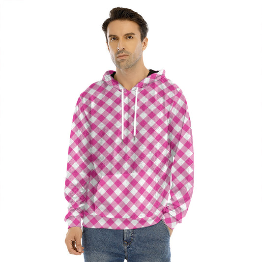 Magenta Pink And White Gingham Print Men's Velvet Pullover Hoodie