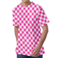 Magenta Pink And White Gingham Print Men's Velvet T-Shirt