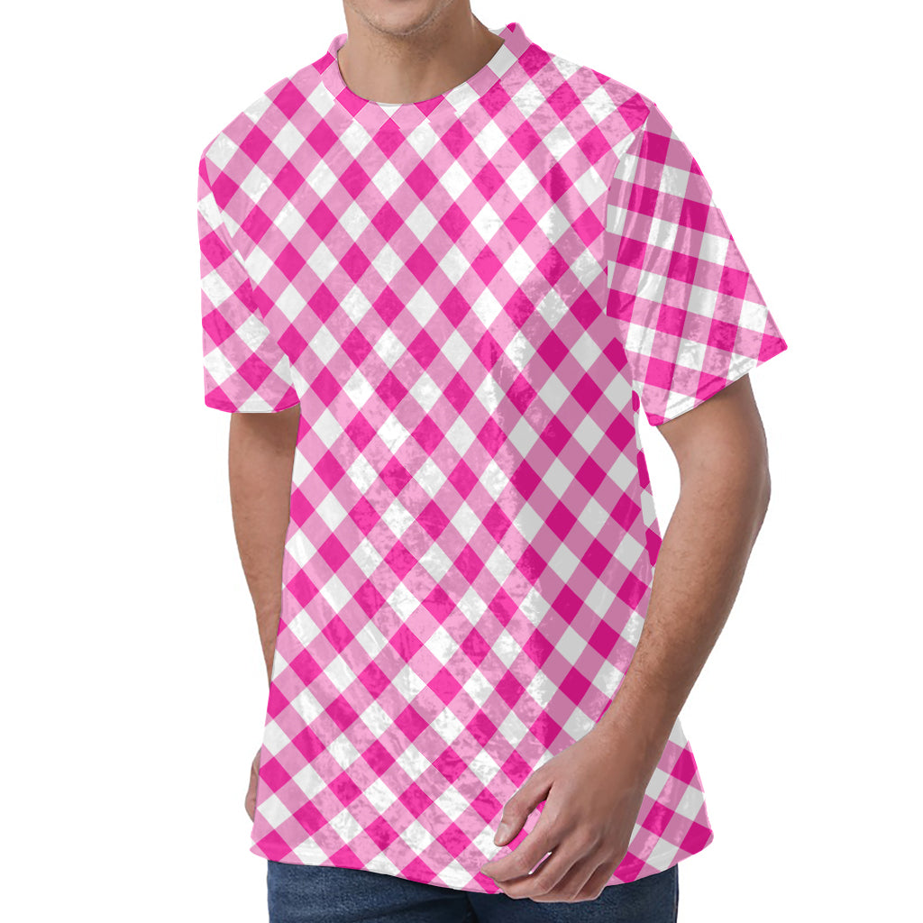 Magenta Pink And White Gingham Print Men's Velvet T-Shirt