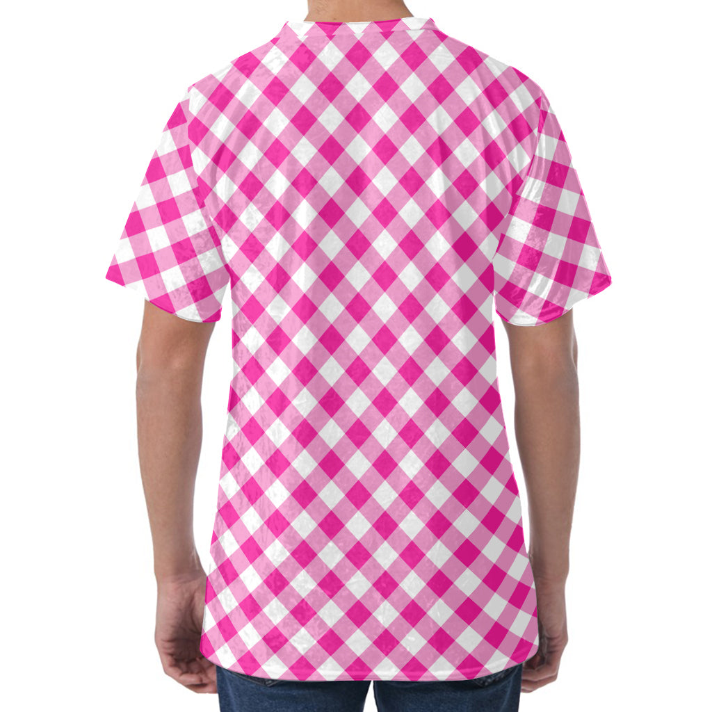 Magenta Pink And White Gingham Print Men's Velvet T-Shirt