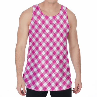 Magenta Pink And White Gingham Print Men's Velvet Tank Top