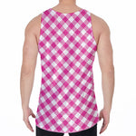 Magenta Pink And White Gingham Print Men's Velvet Tank Top