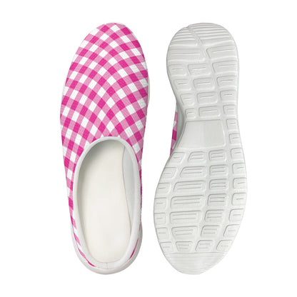 Magenta Pink And White Gingham Print Mesh Casual Shoes
