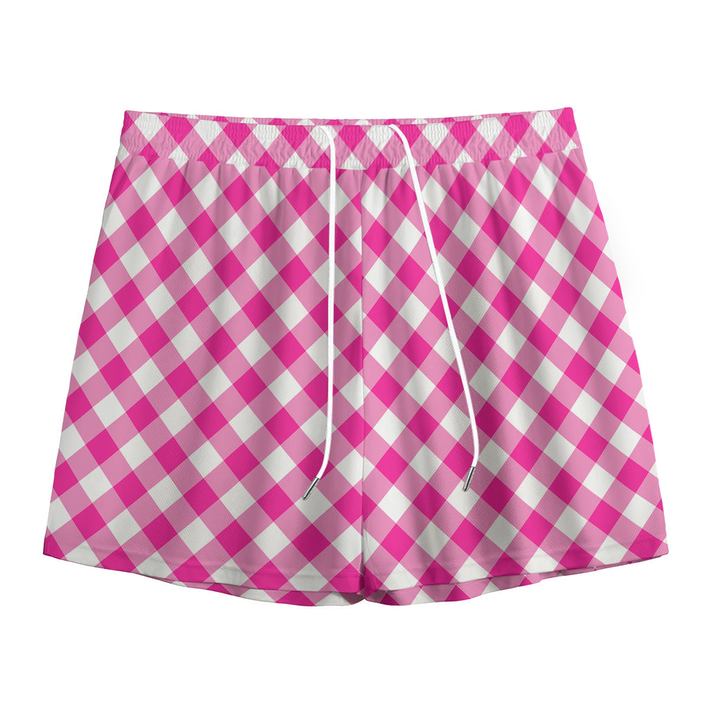Magenta Pink And White Gingham Print Mesh Shorts