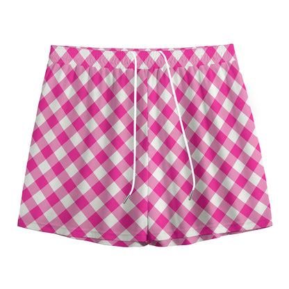 Magenta Pink And White Gingham Print Mesh Shorts