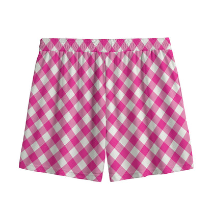 Magenta Pink And White Gingham Print Mesh Shorts
