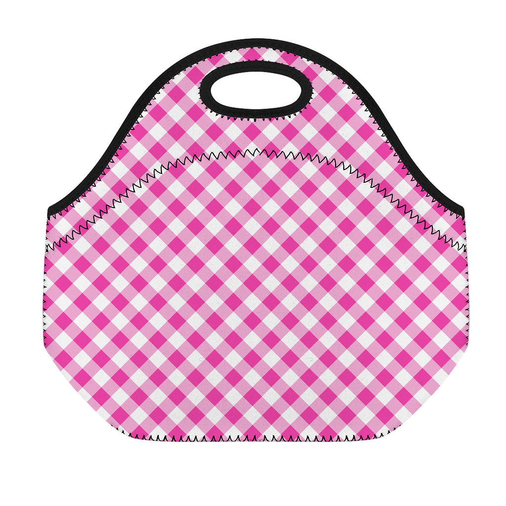 Magenta Pink And White Gingham Print Neoprene Lunch Bag