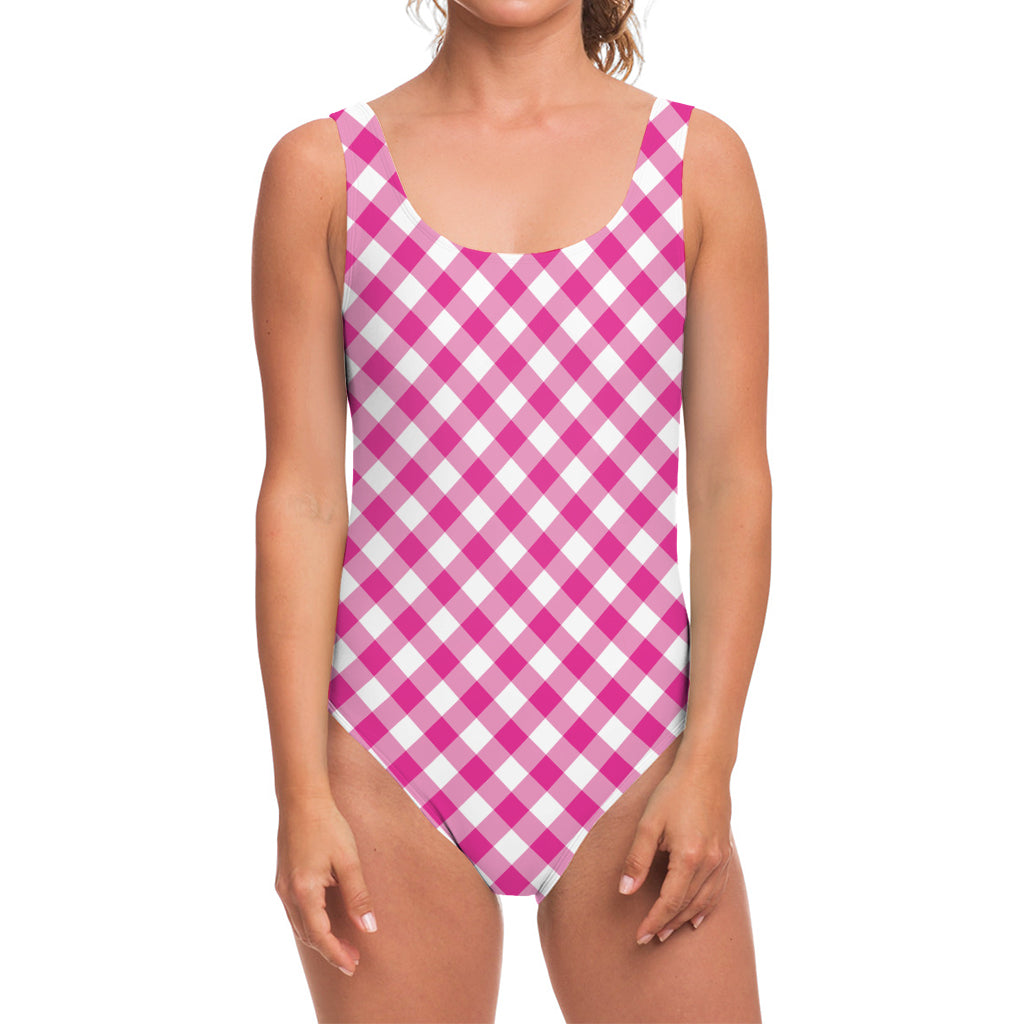 Magenta Pink And White Gingham Print One Piece Swimsuit