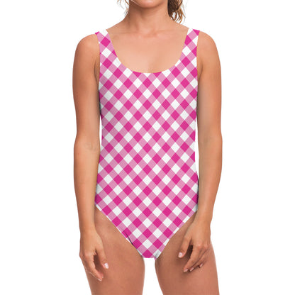 Magenta Pink And White Gingham Print One Piece Swimsuit