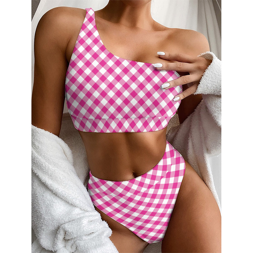 Magenta Pink And White Gingham Print One Shoulder Bikini Top