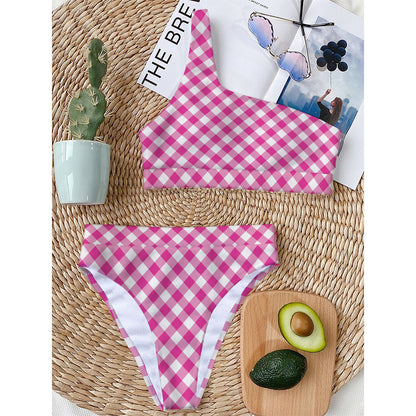 Magenta Pink And White Gingham Print One Shoulder Bikini Top