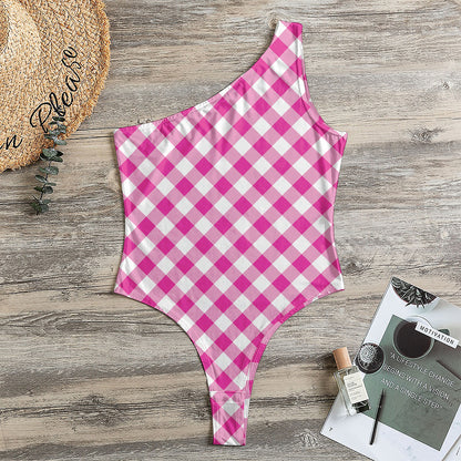 Magenta Pink And White Gingham Print One Shoulder Bodysuit