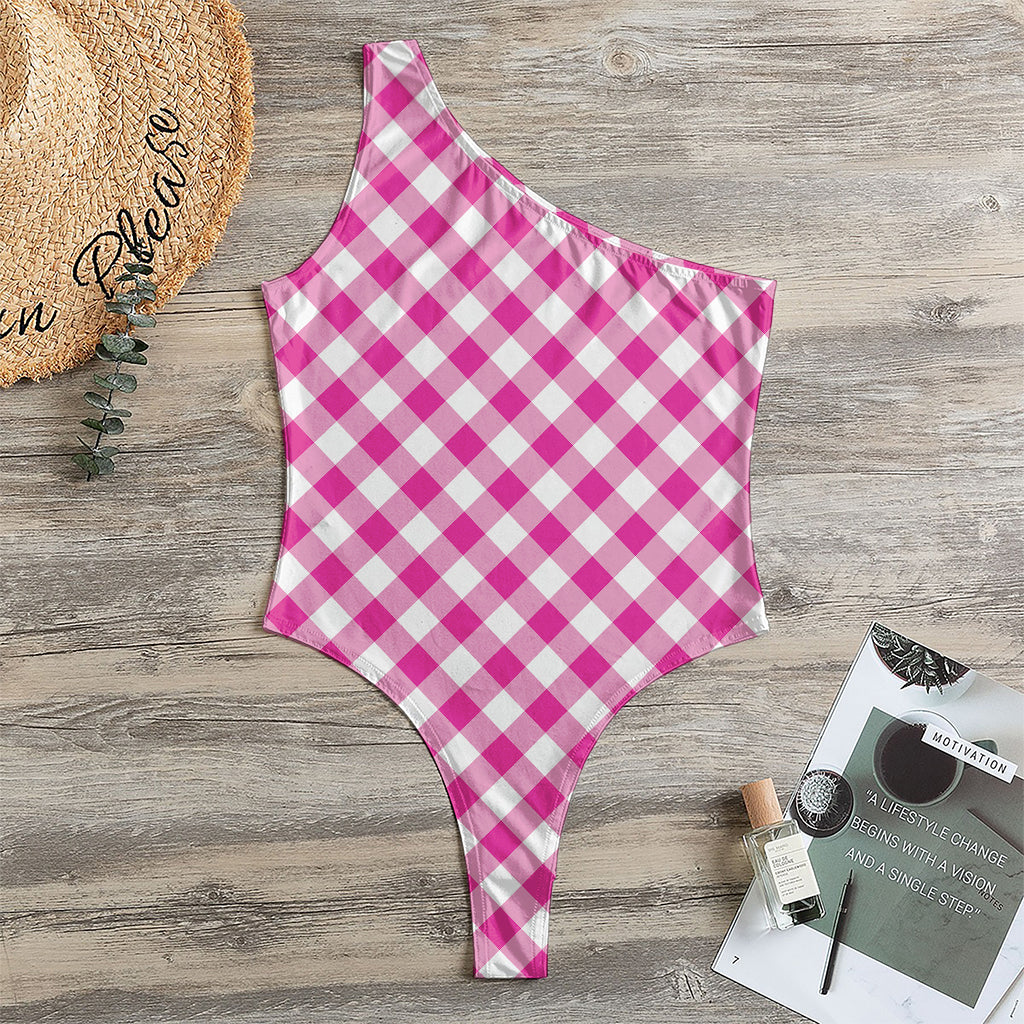Magenta Pink And White Gingham Print One Shoulder Bodysuit