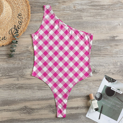 Magenta Pink And White Gingham Print One Shoulder Bodysuit