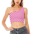 Magenta Pink And White Gingham Print One Shoulder Crop Top