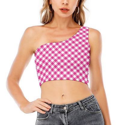 Magenta Pink And White Gingham Print One Shoulder Crop Top