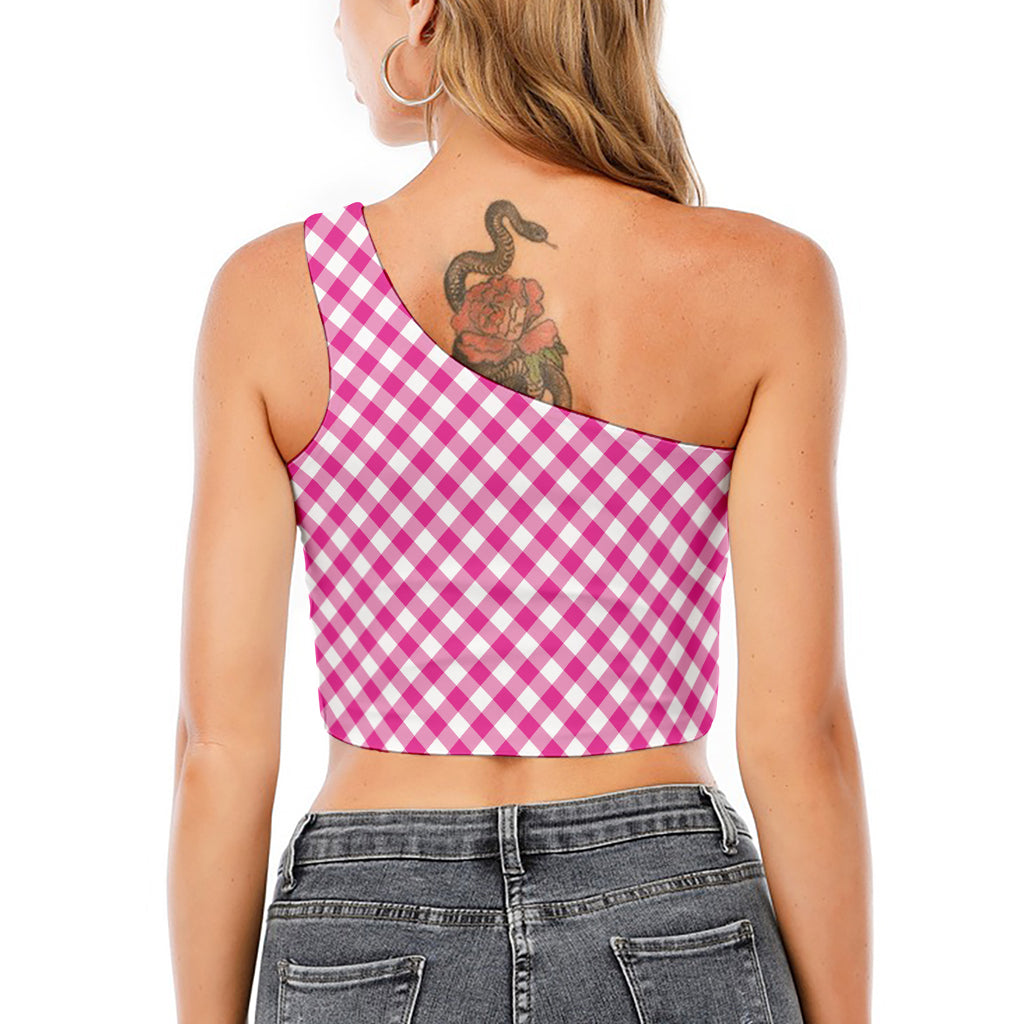 Magenta Pink And White Gingham Print One Shoulder Crop Top