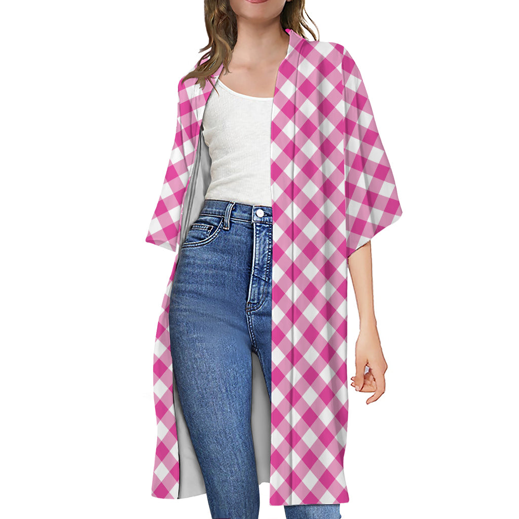 Magenta Pink And White Gingham Print Open Front Beach Cover Up