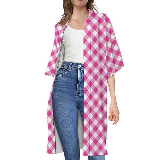 Magenta Pink And White Gingham Print Open Front Beach Cover Up
