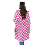 Magenta Pink And White Gingham Print Open Front Beach Cover Up