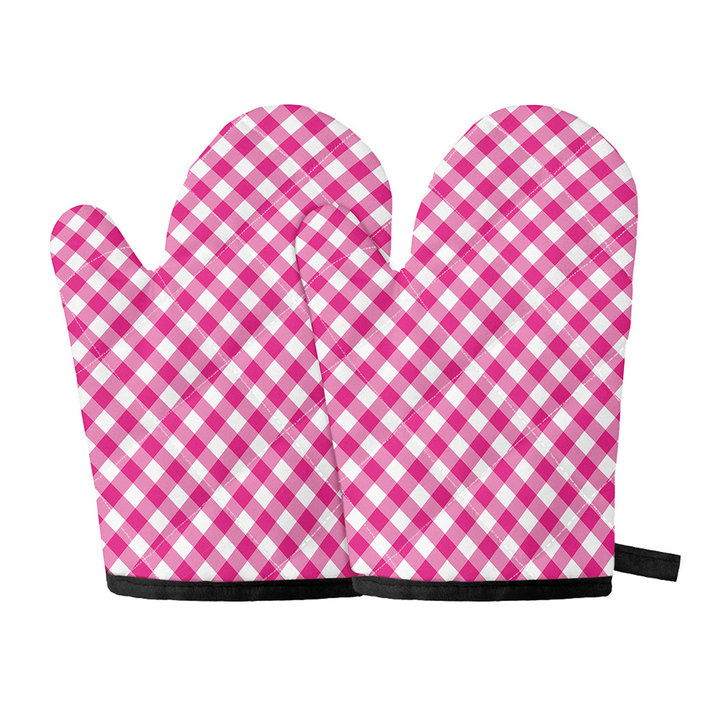 Magenta Pink And White Gingham Print Oven Mitts