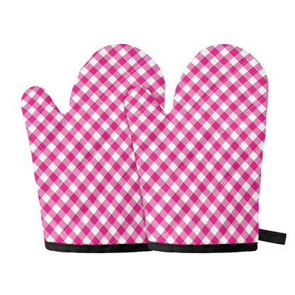 Magenta Pink And White Gingham Print Oven Mitts