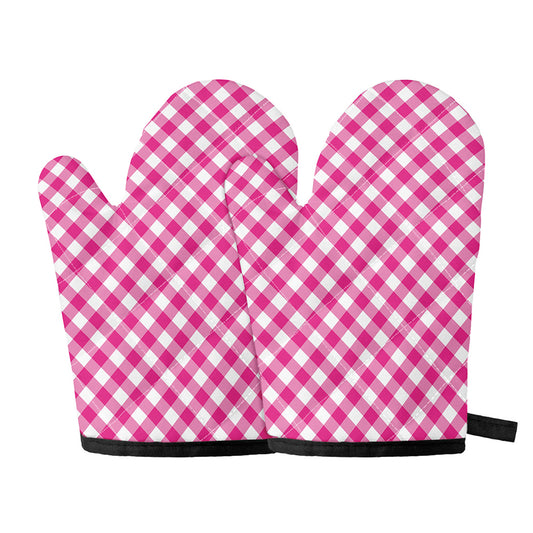 Magenta Pink And White Gingham Print Oven Mitts