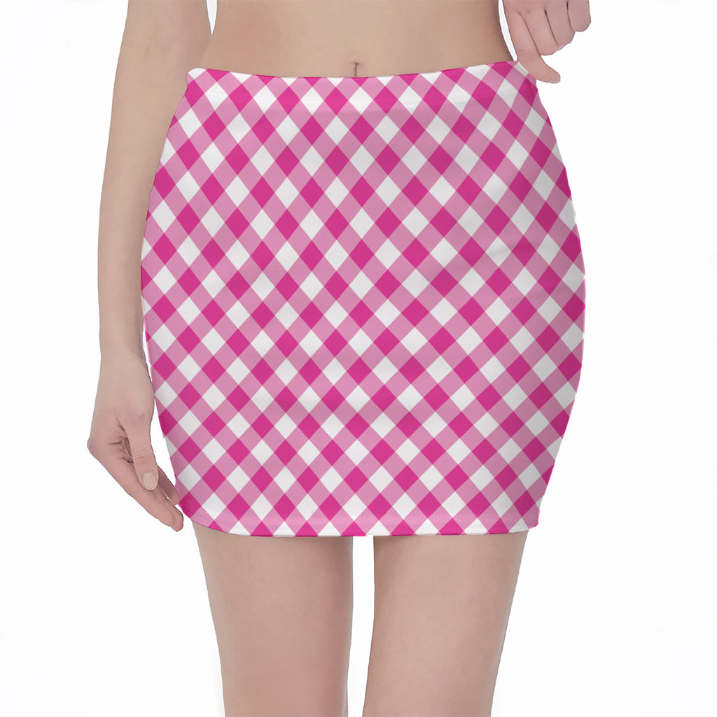 Magenta Pink And White Gingham Print Pencil Mini Skirt