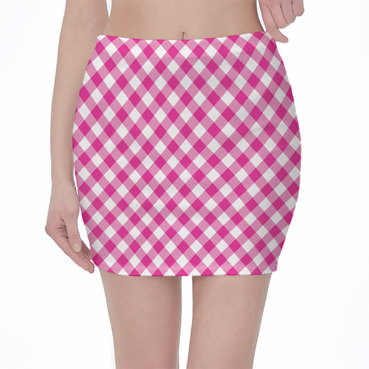 Magenta Pink And White Gingham Print Pencil Mini Skirt