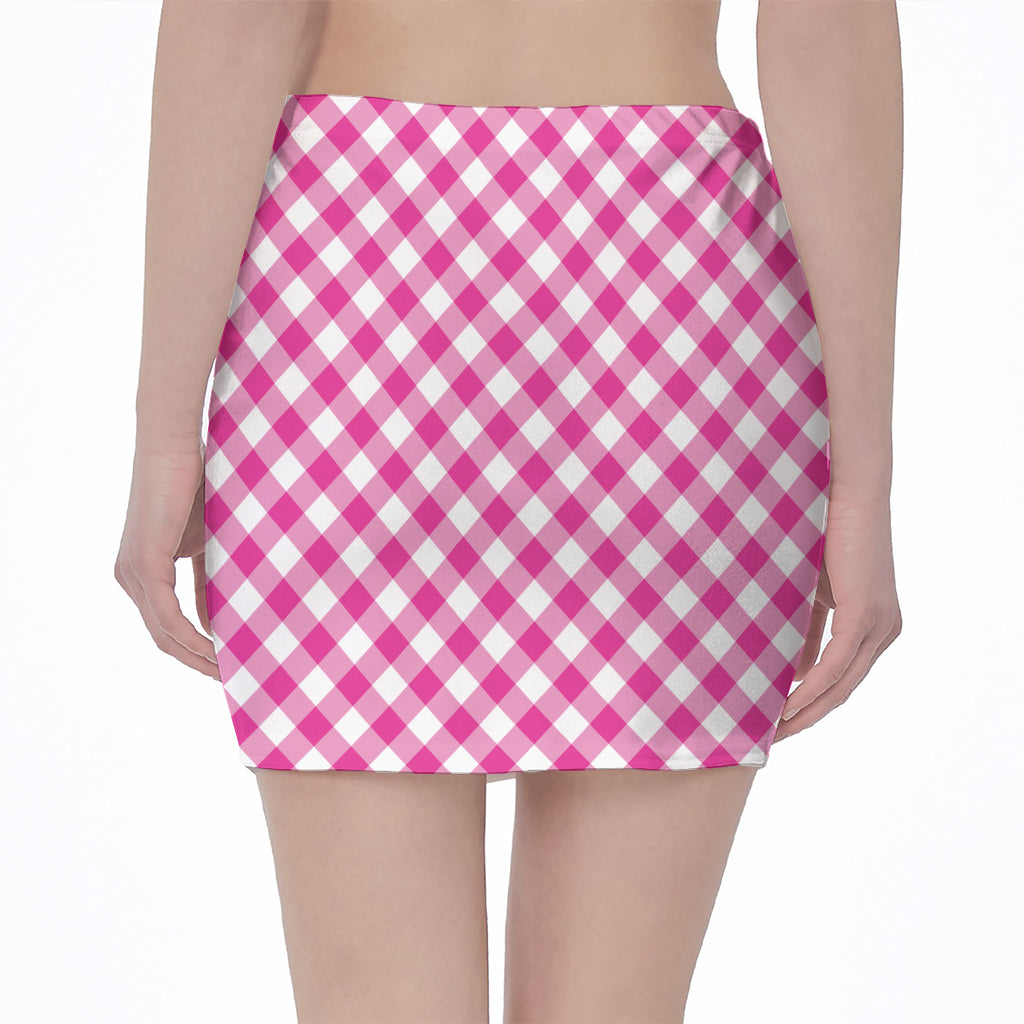 Magenta Pink And White Gingham Print Pencil Mini Skirt
