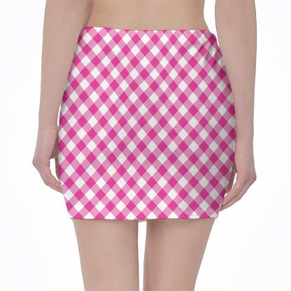 Magenta Pink And White Gingham Print Pencil Mini Skirt
