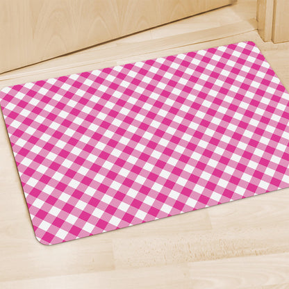 Magenta Pink And White Gingham Print Polyester Doormat