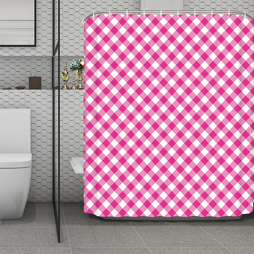 Magenta Pink And White Gingham Print Polyester Shower Curtain
