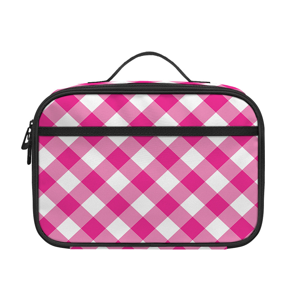Magenta Pink And White Gingham Print Portable Lunch Bag