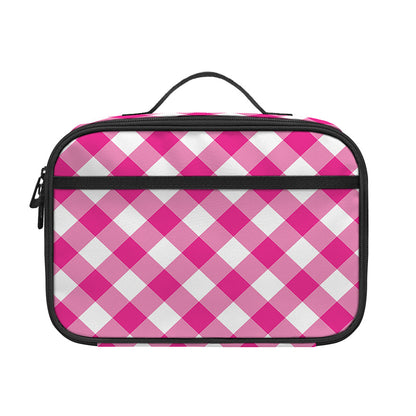 Magenta Pink And White Gingham Print Portable Lunch Bag