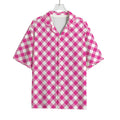 Magenta Pink And White Gingham Print Rayon Hawaiian Shirt