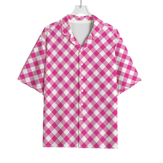 Magenta Pink And White Gingham Print Rayon Hawaiian Shirt